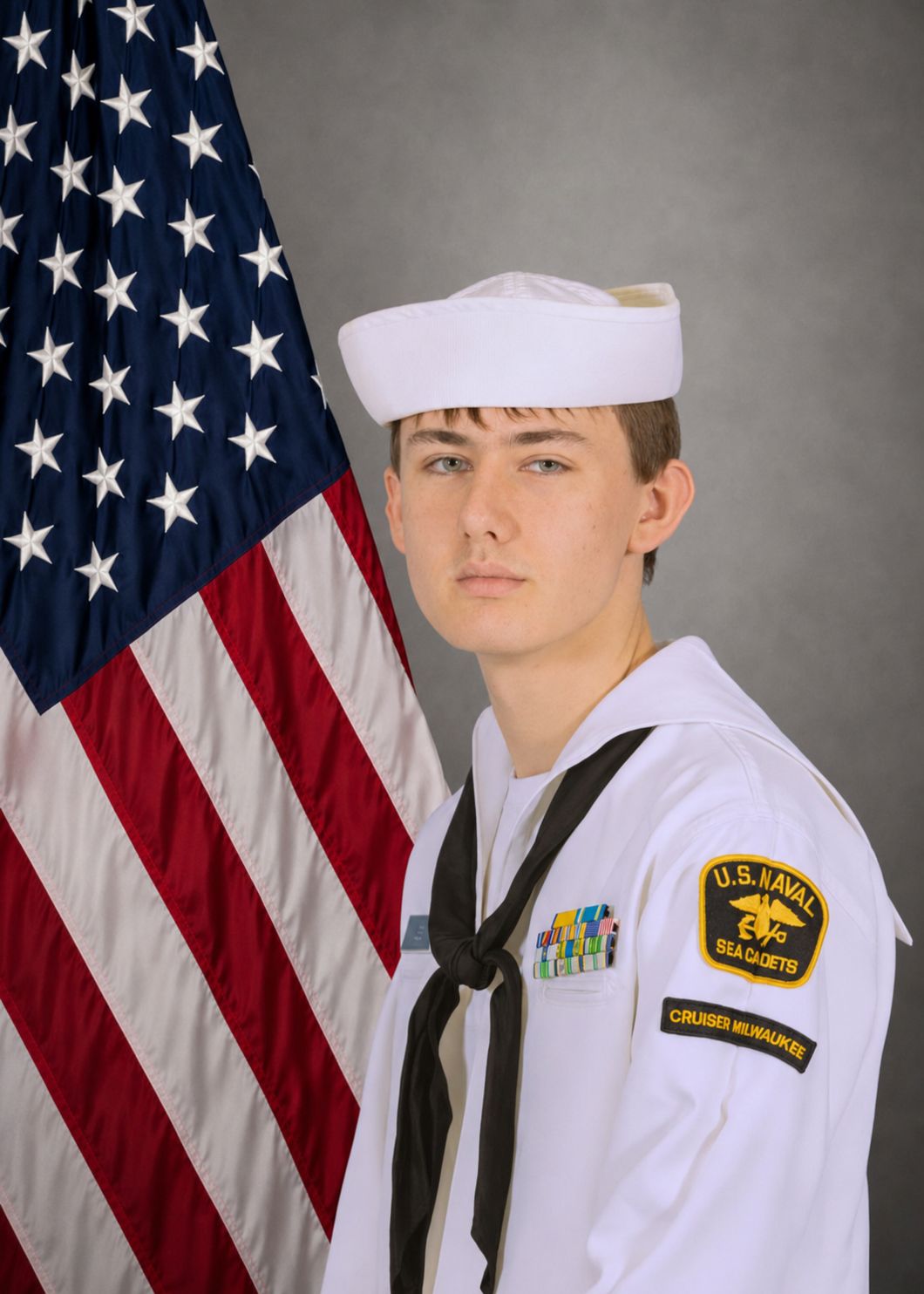 PO1 Jameson Lee in Navy dress whites in front of the American flag